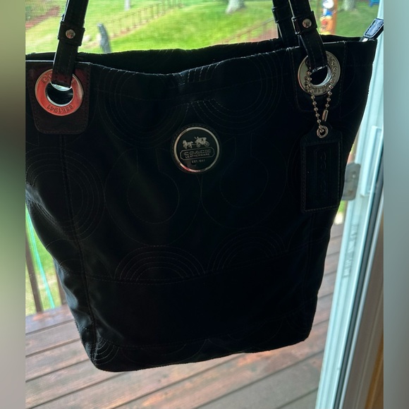Coach black sateen cloth tote , patent leather trim. - Picture 11 of 12